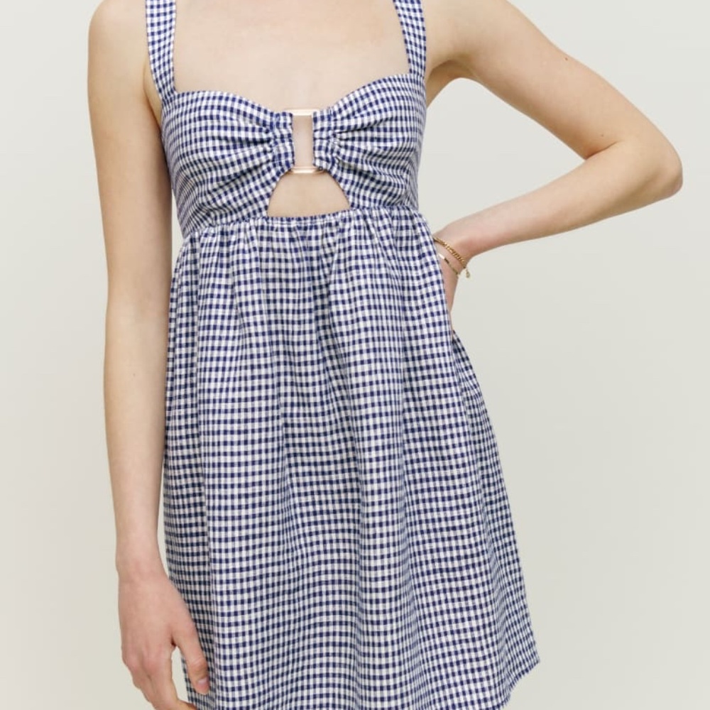 REFORMATION Noel Gingham Linen Mini Dress Challah Check Blue Gingham Size 8